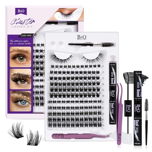 B&Q Lash Extension Kit for Beginners 144 PCS DT-01 Eyelash Extension Kit Lash Clusters Kit 8-18mm Mixed Lash Kit Bond and Seal Individual Lashes Kit Eyelash Applicator Brush(DTkit01-8-18)
