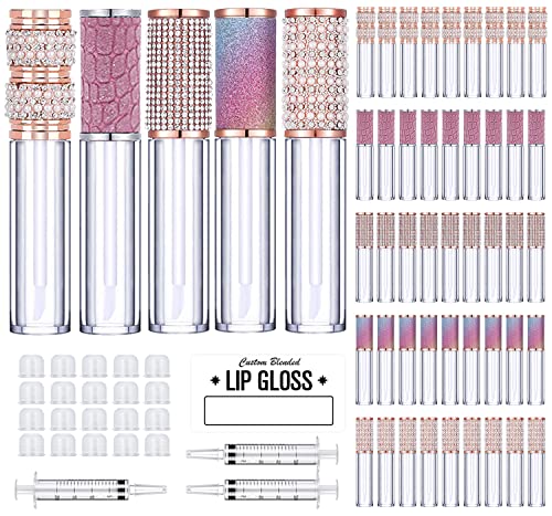 AMORIX 50 Pack Diamond Lip Gloss Tubes with Wand 5ml Empty Rhinestone Lip Gloss Containers Lipgloss Bottles Crystal Lip Gloss Supplies Kit + 3pcs Syringes + Labels for DIY Base