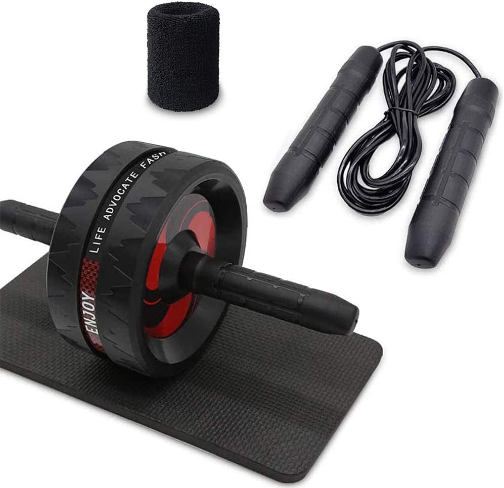 Ab Roller Wheel Workout Equipment Set 4-In-1 Push Ups Arm Waist Training Home Office Abdominal Exercise Equipment Kit with Knee Mat Jump Rope and Sports Wrist Gym Trainer Both Men Women