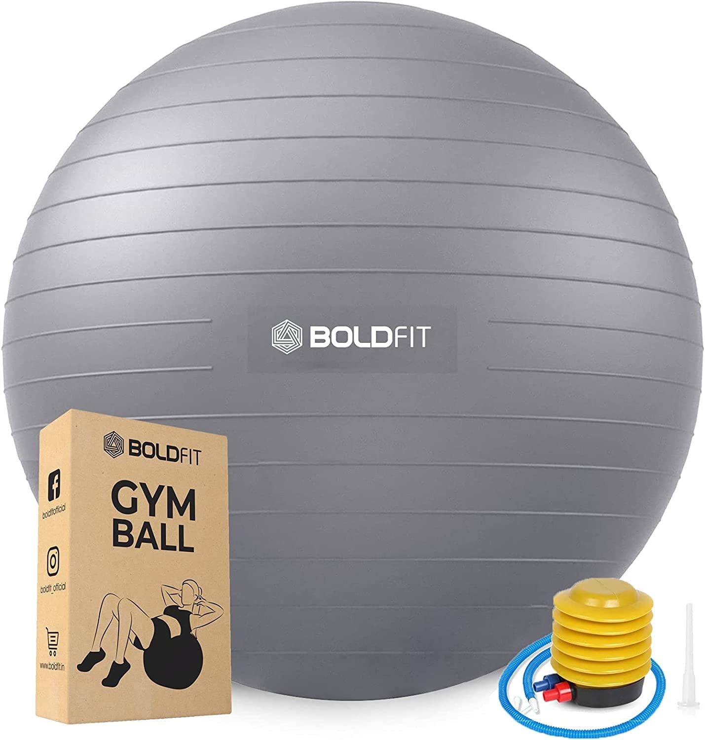 Boldfit Unisex PVC Gym Ball for Exercise & Yoga with Pump (Grey, Size - 65 Cm)