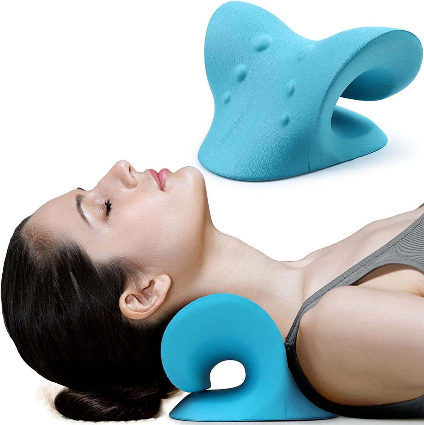 Neck and Shoulder Relaxer, Cervical Traction Device for TMJ Pain Relief and Cervical Spine Alignment, Chiropractic Pillow, Neck Stretcher (Dark Blue)