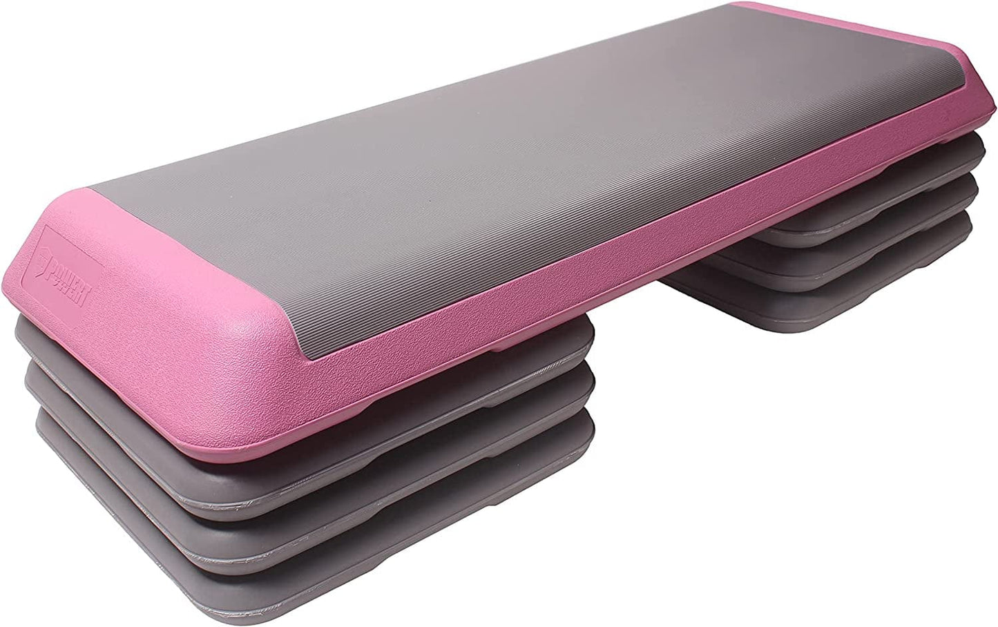 POWERT Aerobic Step Adjustable 43” Stepper Platform with Risers Included for Aerobic Exercises—4”-10” Adjustable Height-Pink & Grey-4 Risers/6 Risers