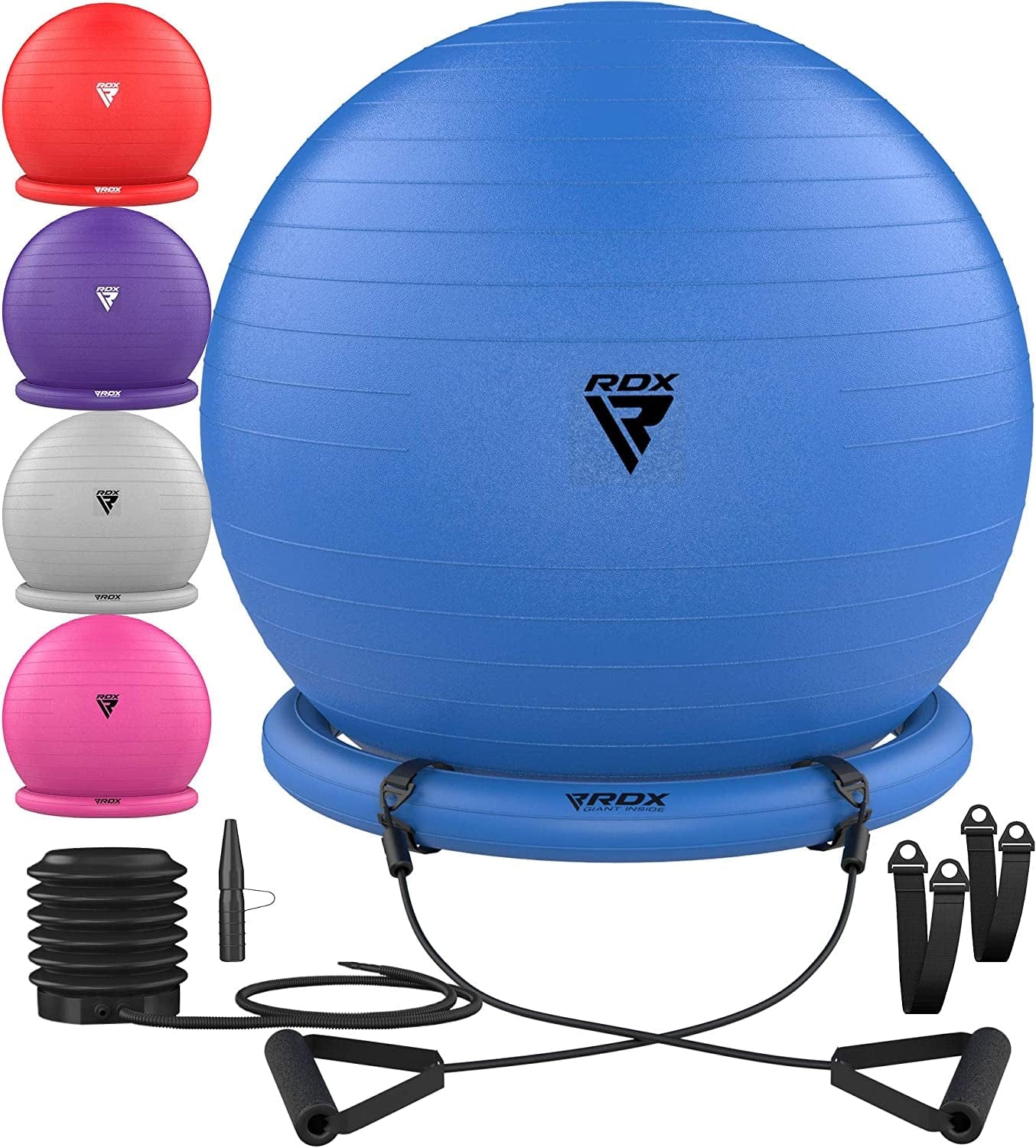 RDX Exercise Ball Chair with Resistance Band Stability Base Ring Quick Pump, Anti-Burst PVC Swiss Ball Yoga Pilates Fitness Balance Handles Birthing Pregnancy Gym Home Workout Training Support 250Kgs