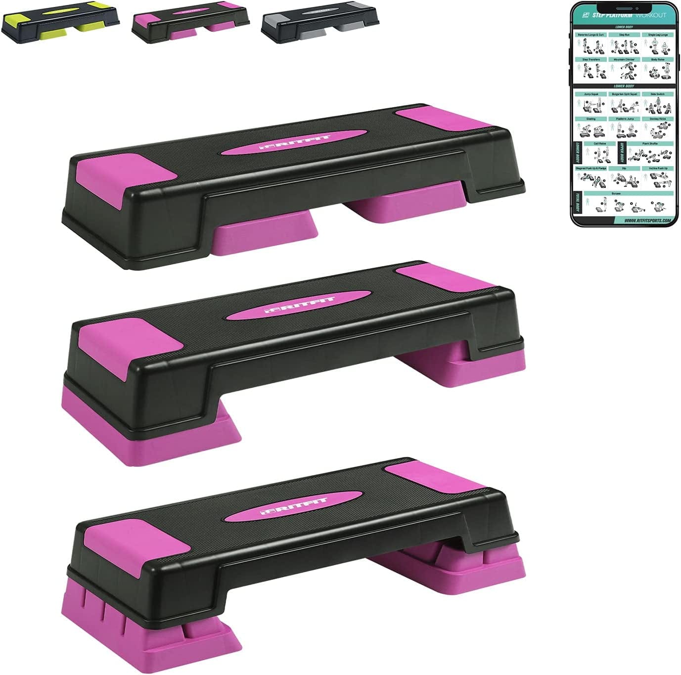 Ritfit Adjustable Exercise Step Platform with 2 or 4 Risers, Gym-Sized or Home Gym Step for Building Strength, Reducing Fat and Aerobic Exercise