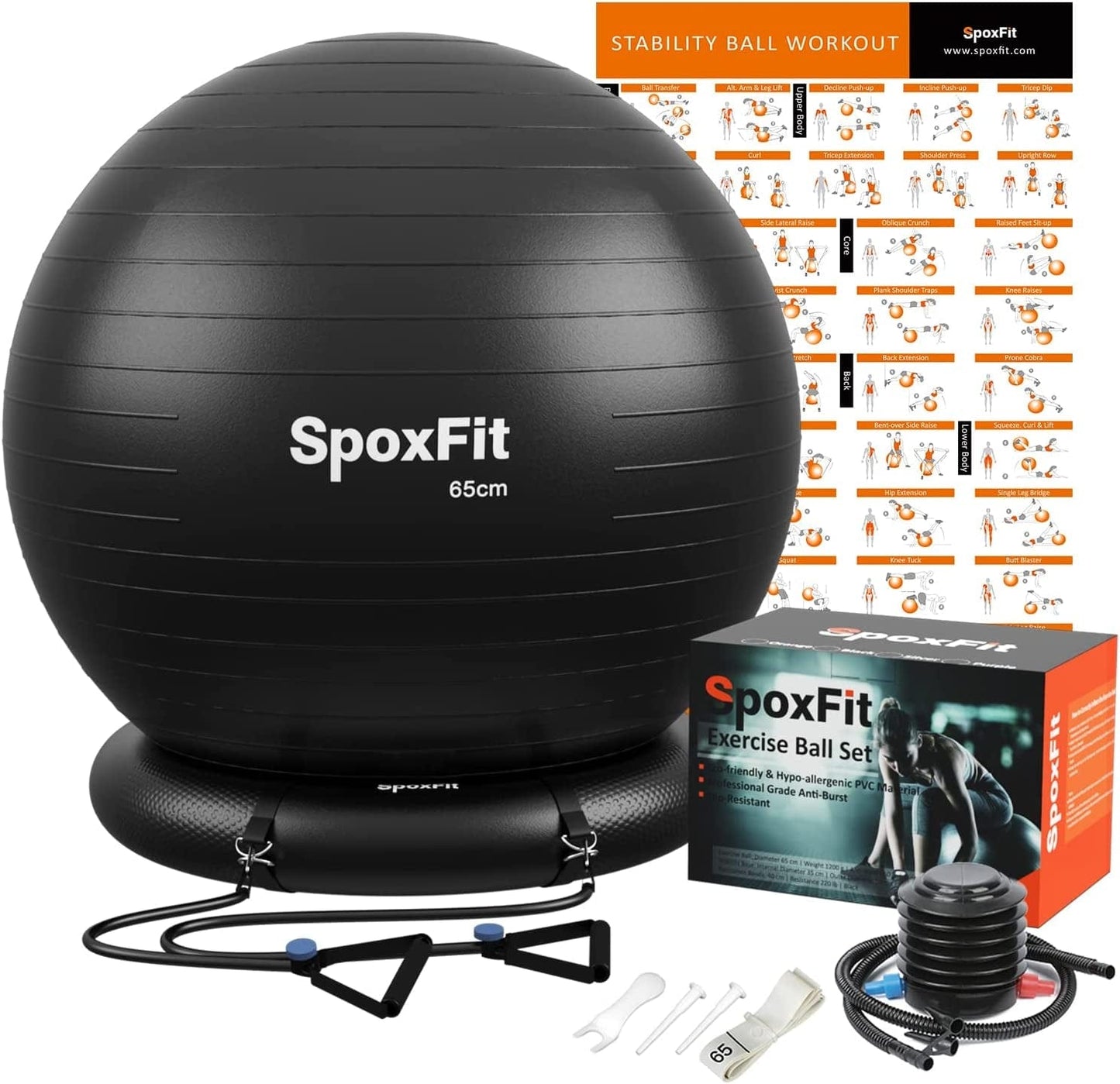 Spoxfit Exercise Ball, 65Cm Anti-Burst Yoga Ball, Stability Fitness Ball for Birthing & Core Strength Training, Includes Quick Pump & Workout Poster
