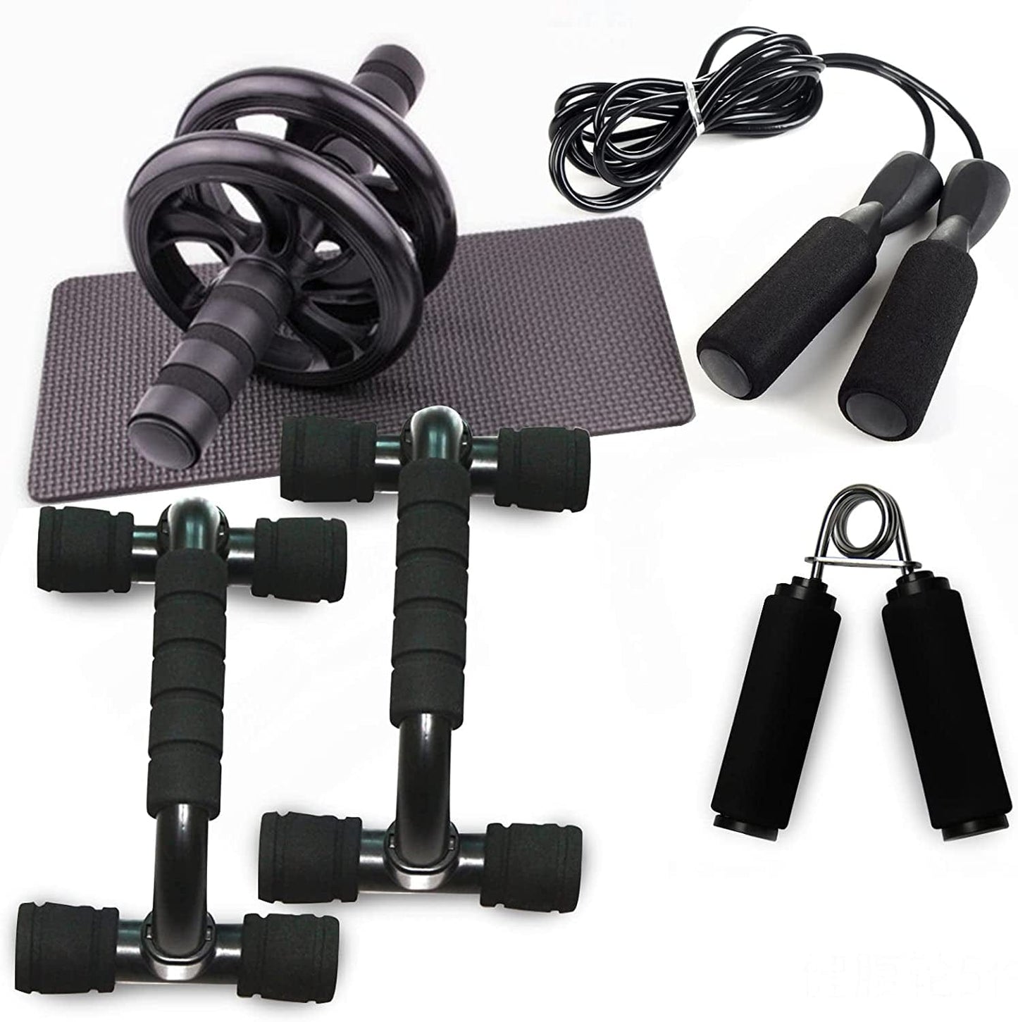 Wi8 5-In-1 AB Wheel Roller Kit with Push-Up Bar Jump Rope Hand Gripper and Knee Pad Abdominal Core Carver Fitness Equipment