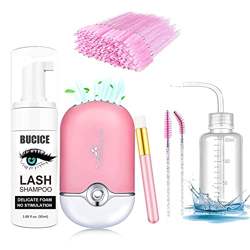 BUCICE Lash Shampoo for Extensions - Eyelash Fan Dryer and Cleansing Kit - Lash Care and Aftercare for Makeup Cleansing