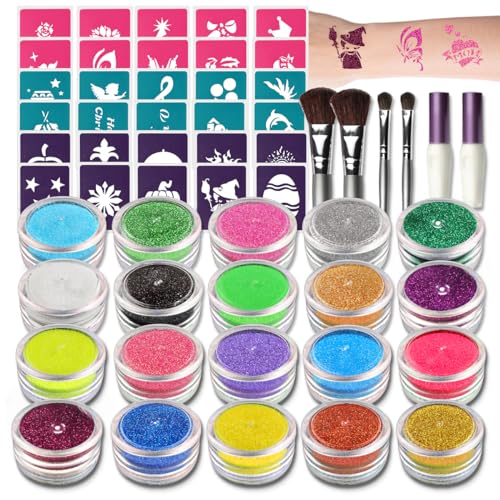 OPHIR Glitter Tattoo Kit 20 Color Glitter Shimmer, 30x Stencils Tattoo Body Art Design Kit for Children,Teenagers & Adults Halloween Party (Size, 20 Glitter and 30x Stenccils)