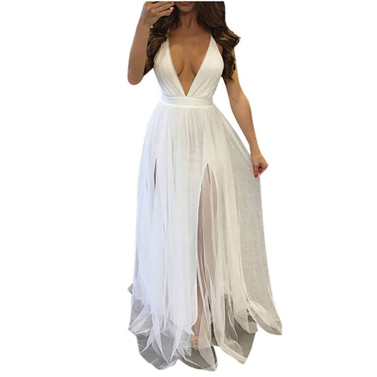 Aniywn Women Sexy Deep V Neck Sleeveless Long Halter Party Dress Mesh Sheer Wedding Maxi Dress White