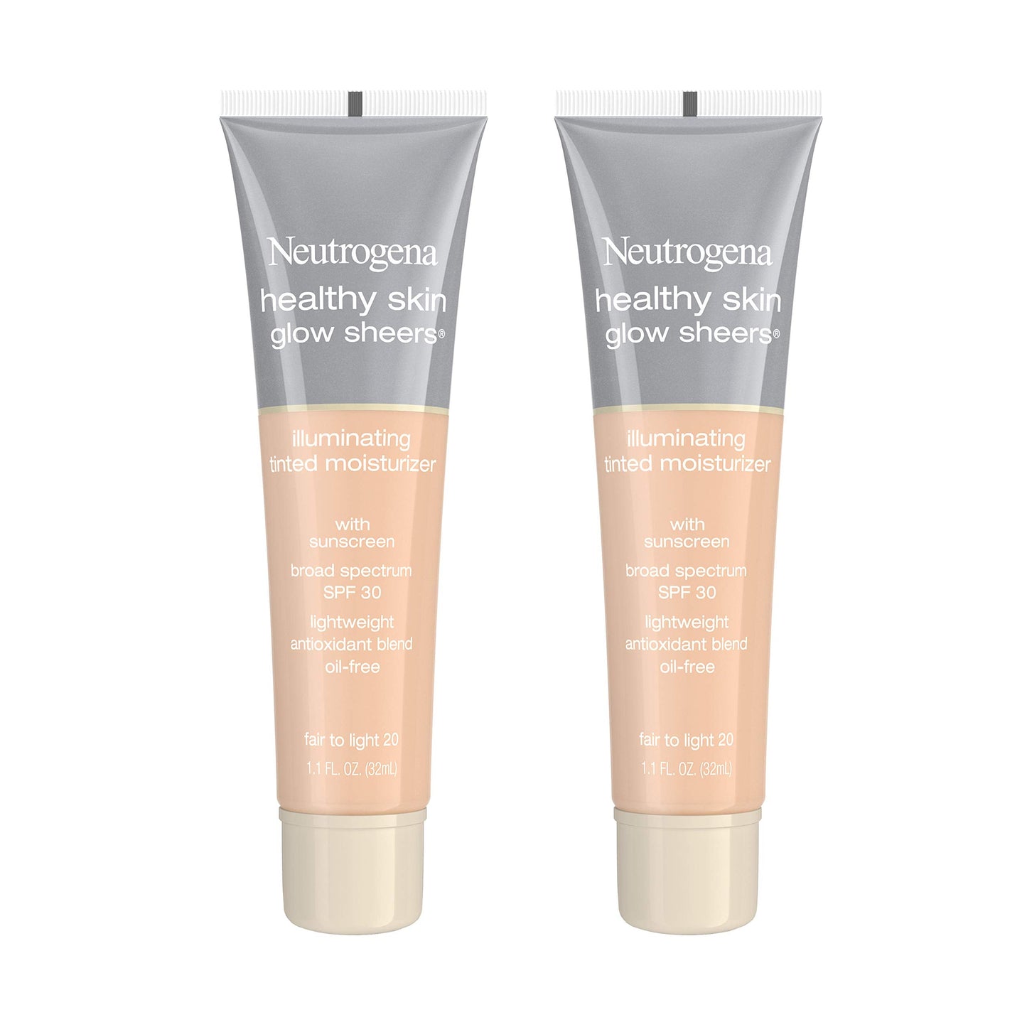 Neutrogena Healthy Skin Glow Sheers Tinted Moisturizer, Oil-Free & Non-Greasy Moisturizer with Antioxidant Vitamins A, C, and E, Broad Spectrum SPF 30 Sunscreen, Fair to Light 20, 1.1 oz (Pack of 2)