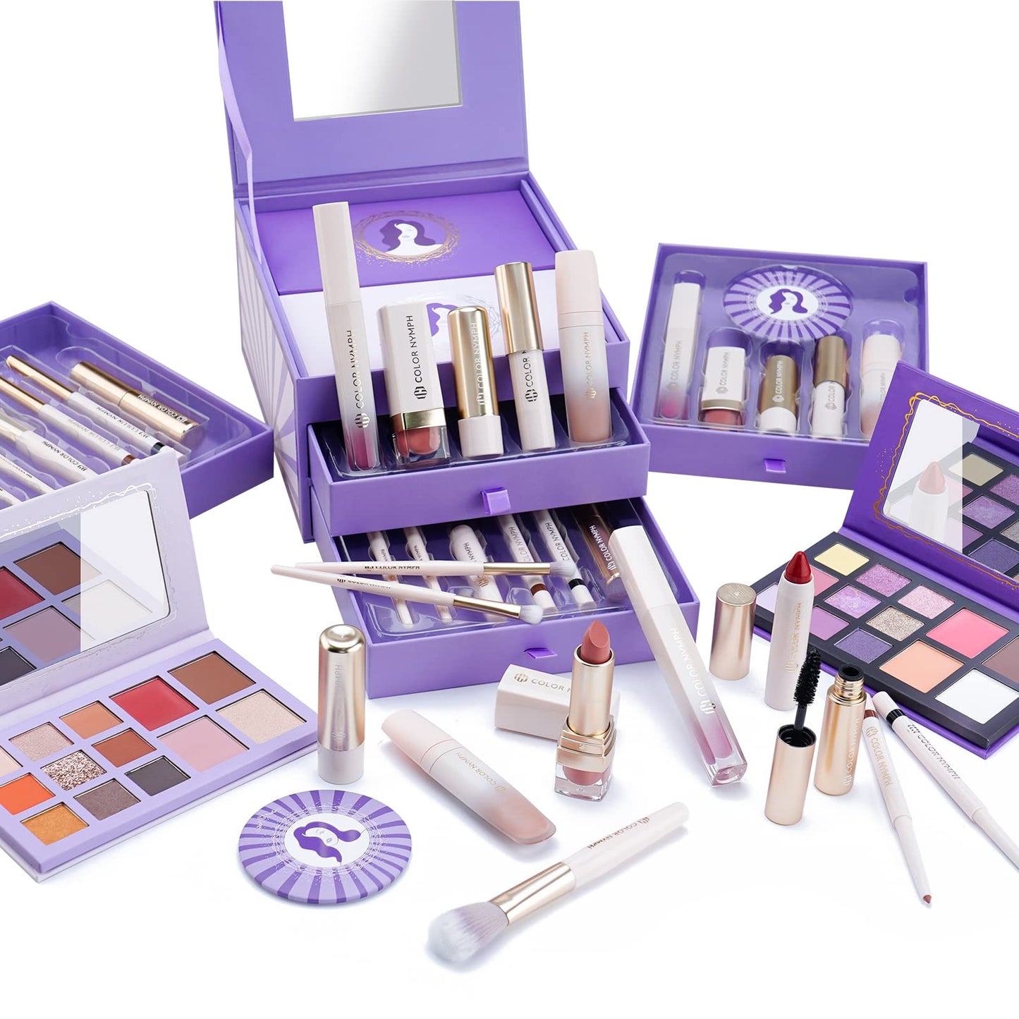 Color Nymph Beginner Makeup Set for Teens with Exquisite Purple Box Includes Eyeshadow Palettes Contour Kit Lipstick Makeup Brushes Friendly To Skin
