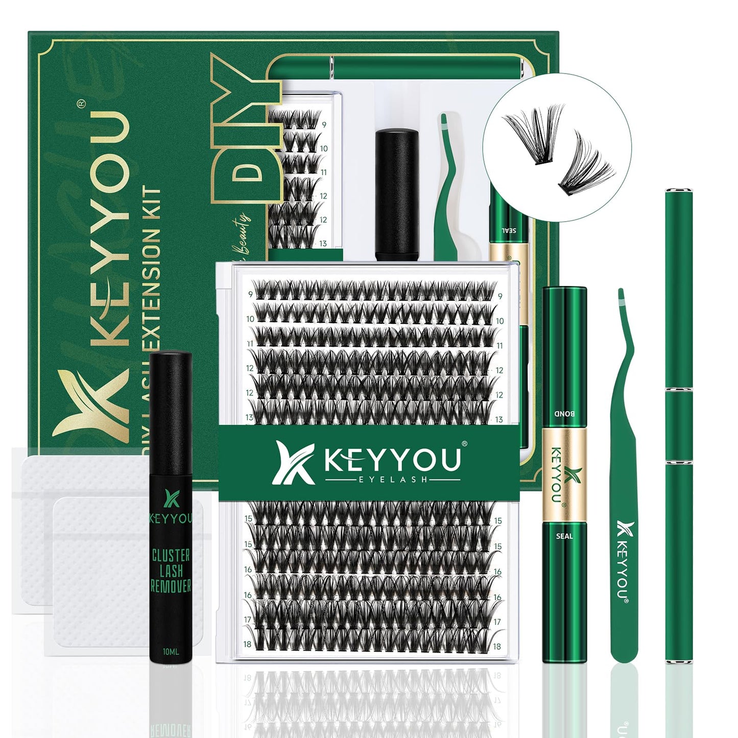 DIY Lash Extension Kit KEYYOU 300Pcs Individual Eyelash Extension Kit 40D 0.07D Curl 9-18MIX Lash Clusters Kit with Lash Glue Remover Applicator Easy to Use for Beginners(Kit-40D-0.07D,9-18MIX)