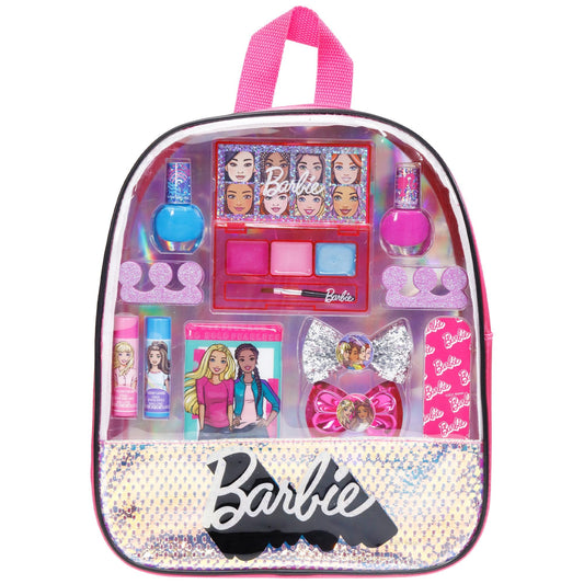 Barbie - Townley Girl 15 Pcs Makeup Filled Backpack Cosmetic Gift Set with Mirror Includes Lip Gloss, Nail Polish, Hair Bow & More! for Kids Girls, Ages 3+ Perfect for Parties, Sleepovers & Makeovers