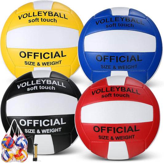 4 Pcs Volleyballs Waterproof Soft Official Size 5 Volleyball with Pump and Net Bag Volleyball for Kids Adults Youth Beach Gym Indoor Outdoor Game Training Match Gifts, 4 Colors