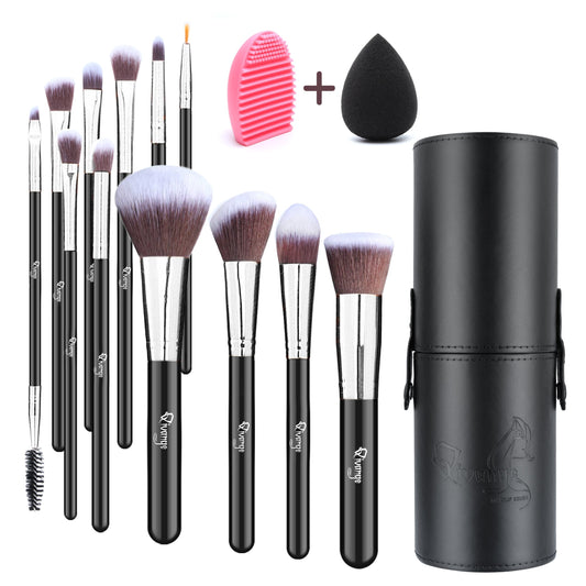 Qivange Makeup Brushes with Case, Makeup Brush Set 12PCS Foundation Powder Concealers eyeshadow Face Blush Brushes with Blender Sponge Sponge, Brush Cleaner(12 pcs, Black with Sliver)