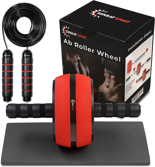 Ab Roller Wheel Sunray Sport-Ab Wheel Roller for Core Workout-Easy Quick Assembly Ab Roller -Perfect Exercise Ab Workout Equipment-Strengthen Your Core Muscles-Premium Quality Jump Rope and Knee Mat