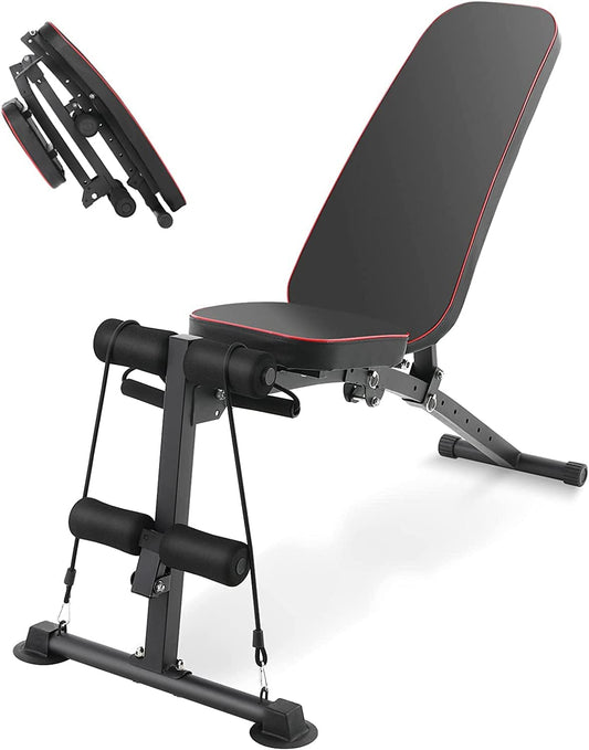 Adjustable Workout Bench, Foldable Incline Workout Bench with Resistance Bands, Weight Lifting Bench for Full Body Strength Training & Home Gym - TLSUNNY