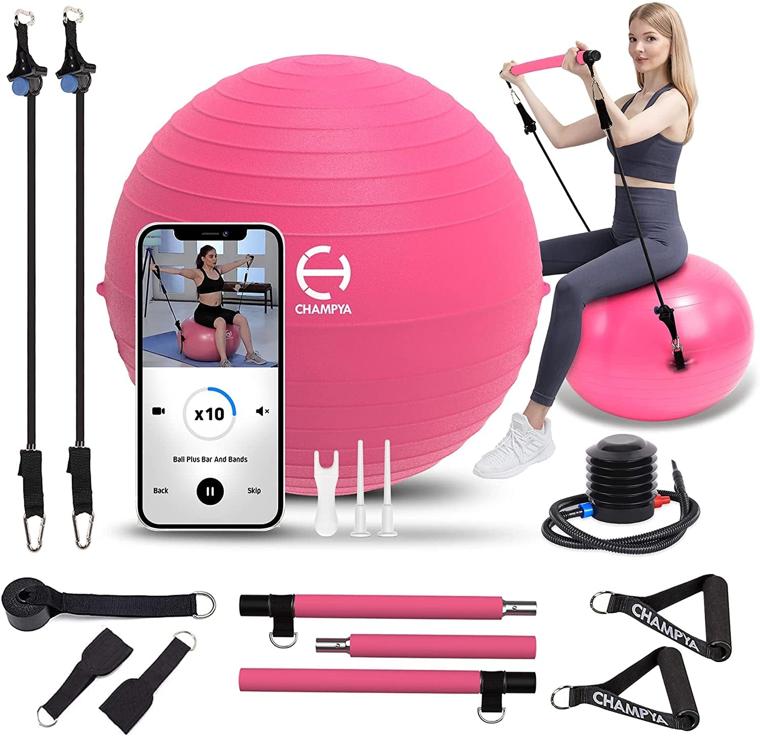 𝗖𝗛𝗔𝗠𝗣𝗬𝗔 𝗘𝘅𝗲𝗿𝗰𝗶𝘀𝗲 𝗕𝗮𝗹𝗹 for Working Out 65 Cm - Yoga Ball Chair & Balance Ball for Pregnancy, Birthing Physical Therapy & Chair for Office - Stability Ball & Stainless Steel Pilates Bar for Workout