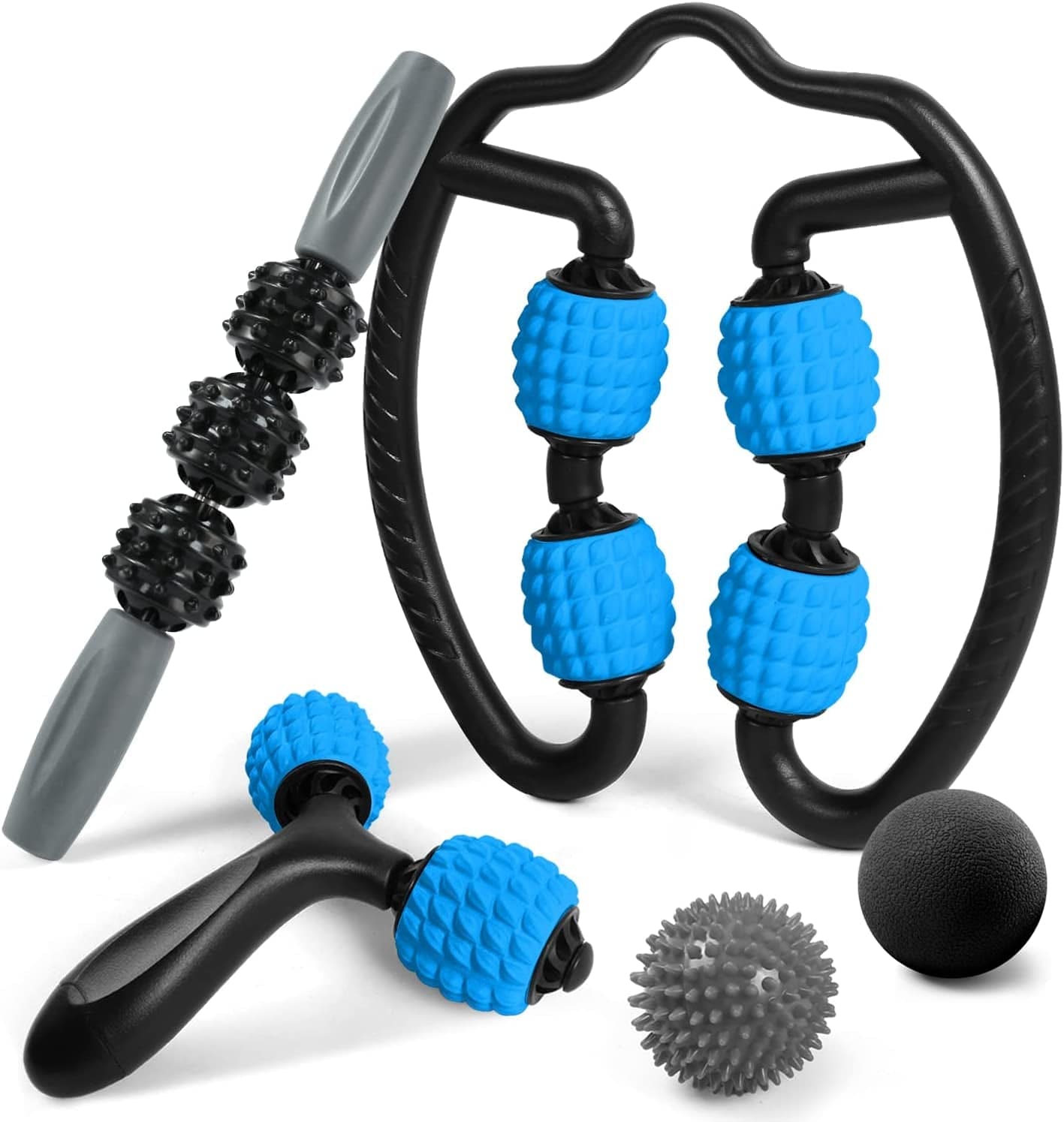 Odoland Foam Roller Set with 360° Trigger Point Massage Roller, Muscle Roller Stick, Y Shaped Handheld Roller, 2 Massage Ball for Leg, Arms, Muscle Myofascial and Deep Tissue Pain Relief, Black