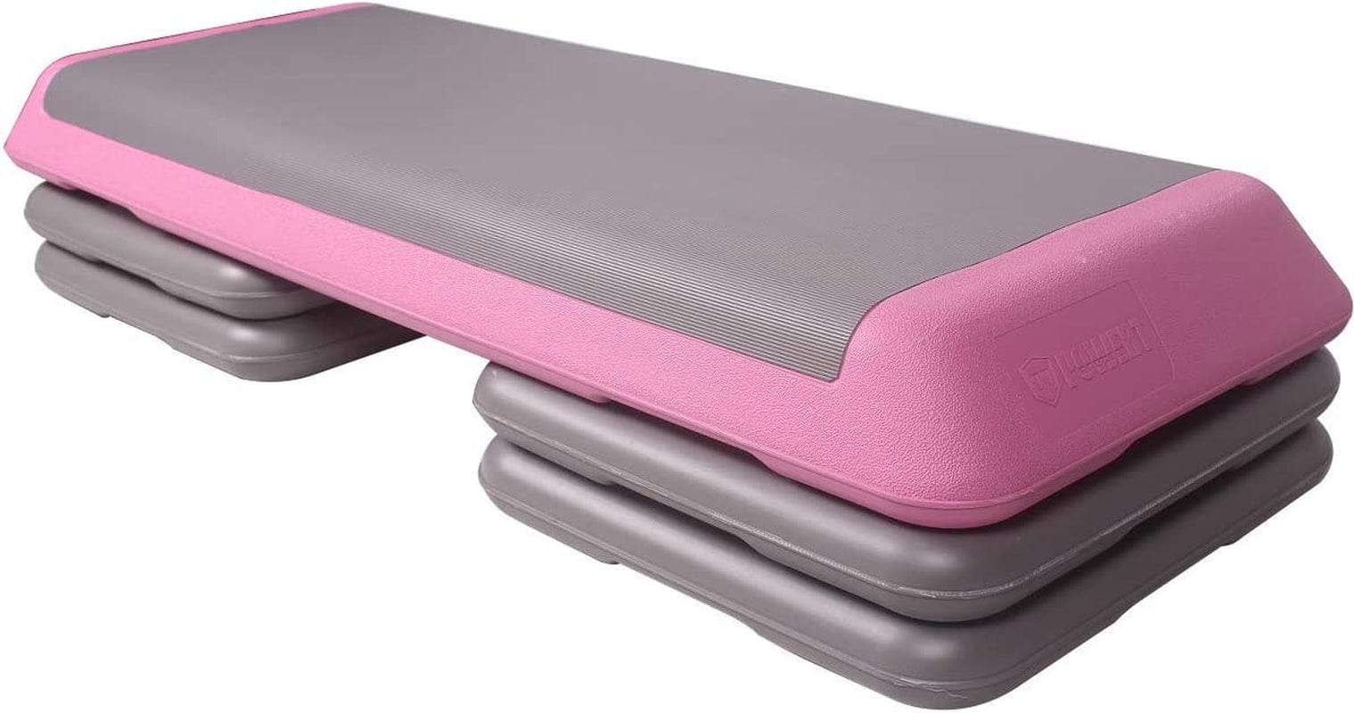 POWERT Aerobic Step Adjustable 43” Stepper Platform with Risers Included for Aerobic Exercises—4”-10” Adjustable Height-Pink & Grey-4 Risers/6 Risers