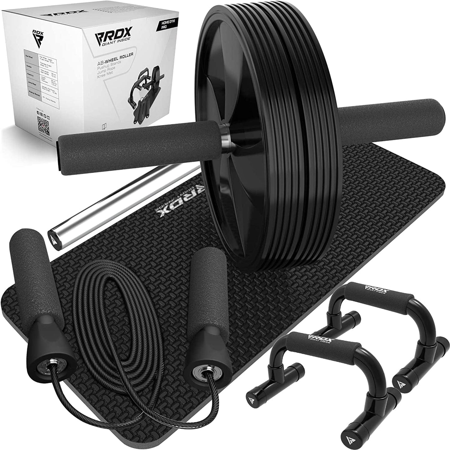 RDX 4-In-1 Ab Roller Kit with Push-Up Bars Skipping Rope Knee Pad Mat, Anti-Skid Wheel Set with Foam Handles Body Fitness Abdominal Jump Exercise Muscle Core Strength Training Office Home Gym Workout