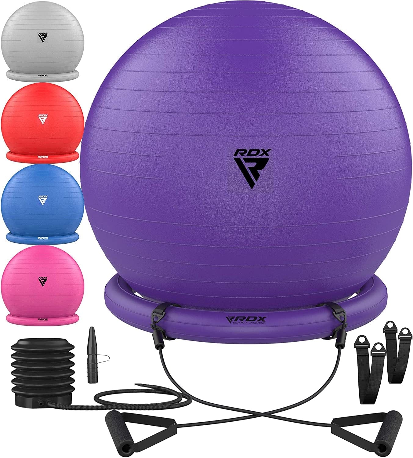 RDX Exercise Ball Chair with Resistance Band Stability Base Ring Quick Pump, Anti-Burst PVC Swiss Ball Yoga Pilates Fitness Balance Handles Birthing Pregnancy Gym Home Workout Training Support 250Kgs