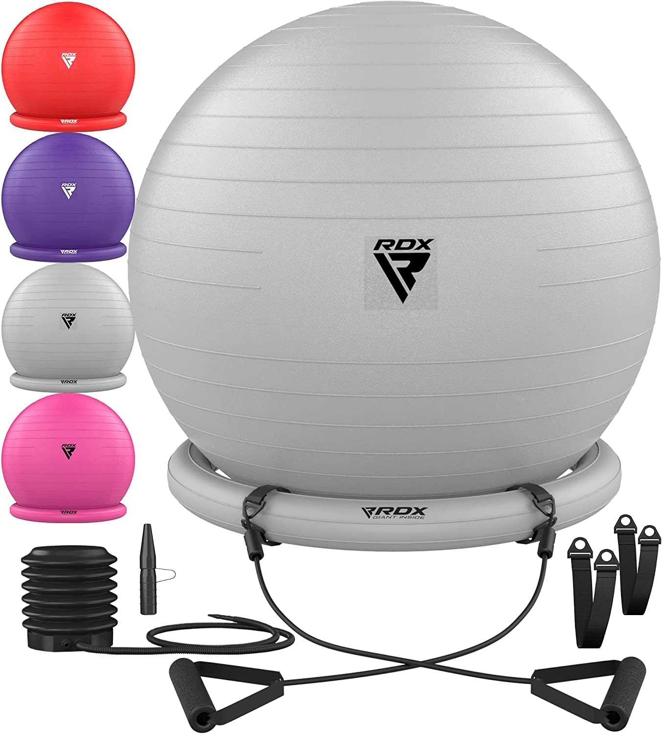 RDX Exercise Ball Chair with Resistance Band Stability Base Ring Quick Pump, Anti-Burst PVC Swiss Ball Yoga Pilates Fitness Balance Handles Birthing Pregnancy Gym Home Workout Training Support 250Kgs