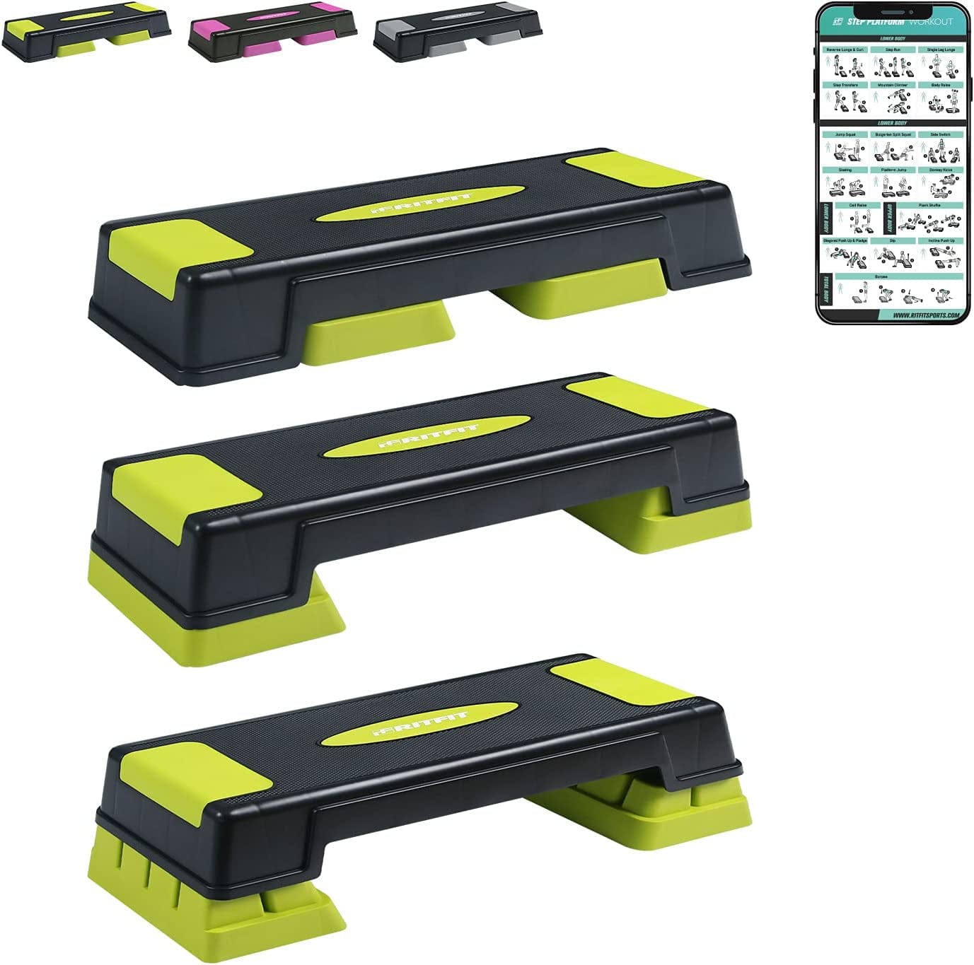 Ritfit Adjustable Exercise Step Platform with 2 or 4 Risers, Gym-Sized or Home Gym Step for Building Strength, Reducing Fat and Aerobic Exercise