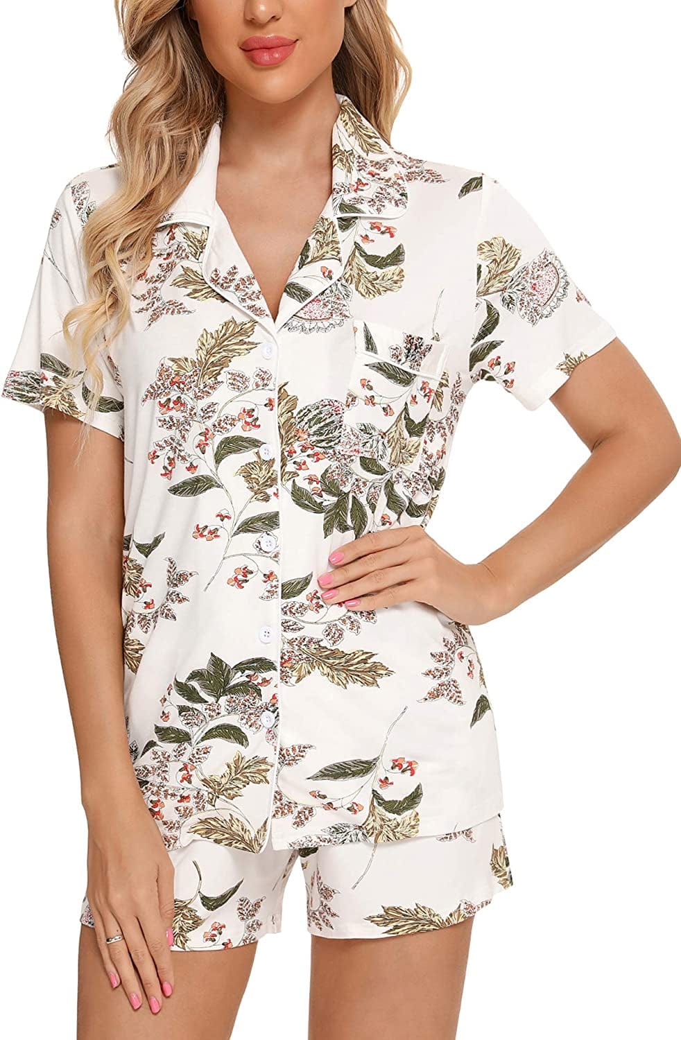 Samring Women'S Button down Pajama Set V-Neck Short Sleeve Sleepwear Soft Pj Sets S-XXL