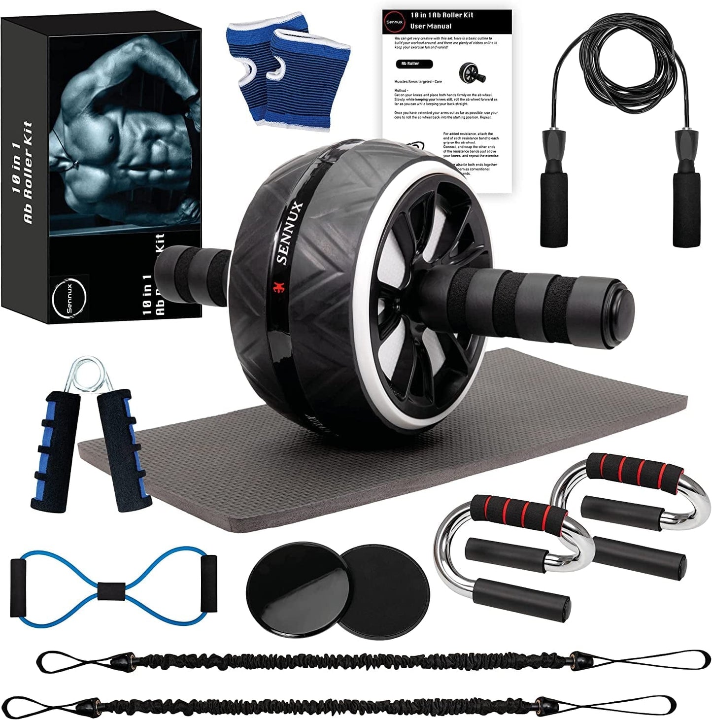 Sennux 10 in 1 Abdominal Roller Set for Core/Upper Body/Legs, Gym Equipment for Home Exercise, Ab Roller Wheel and Ab Workout Equipment for Home Workouts