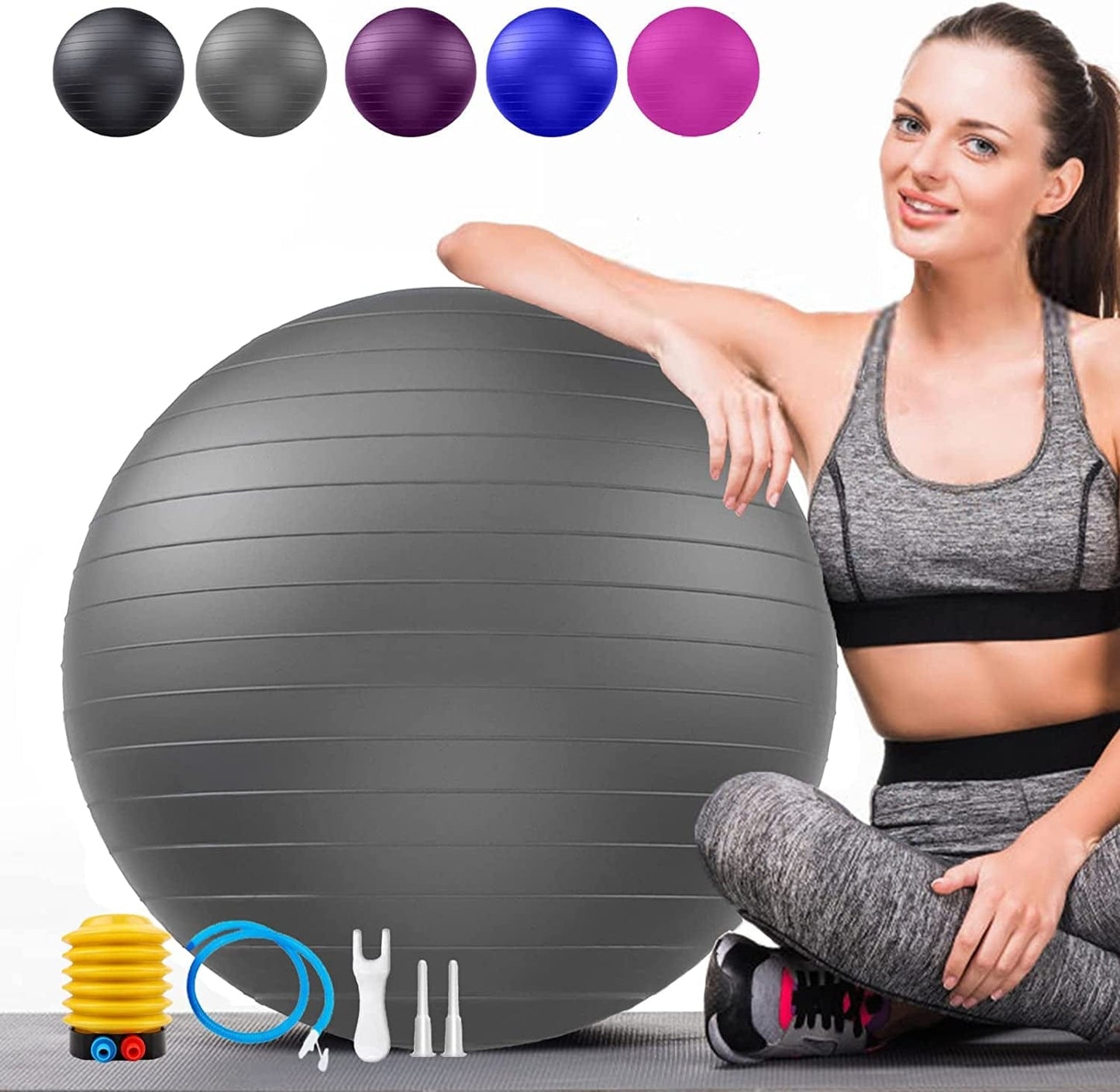 Soft Exercise Ball, Anti-Burst Yoga Ball Chair Supports 2200Lbs, Stability Swiss Ball W/ Pump for Pregnancy Birthing, Excersize, Workout, Fitness, Balance, Gym, Physio, Abs (Office & Home & School)