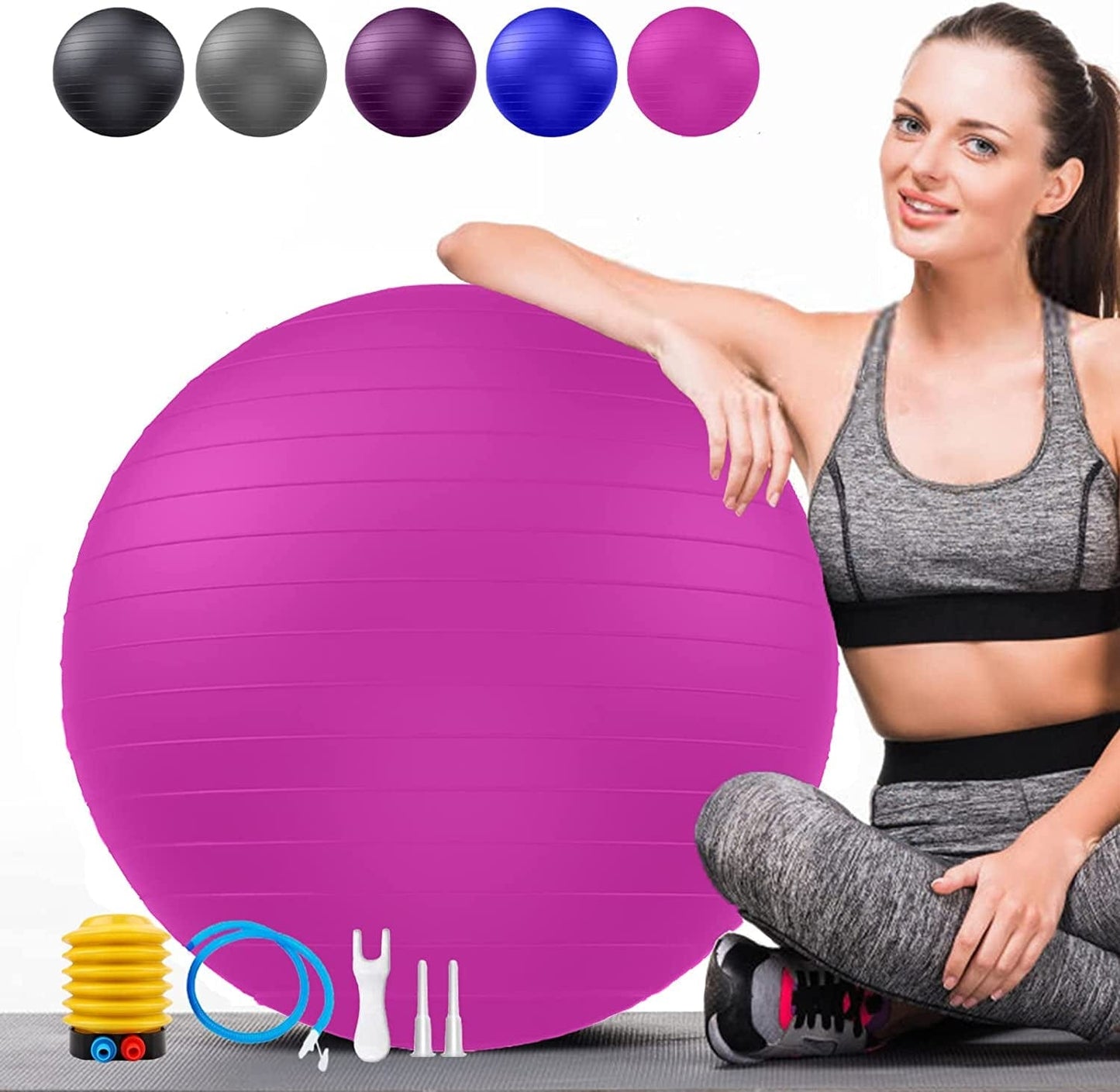 Soft Exercise Ball, Anti-Burst Yoga Ball Chair Supports 2200Lbs, Stability Swiss Ball W/ Pump for Pregnancy Birthing, Excersize, Workout, Fitness, Balance, Gym, Physio, Abs (Office & Home & School)
