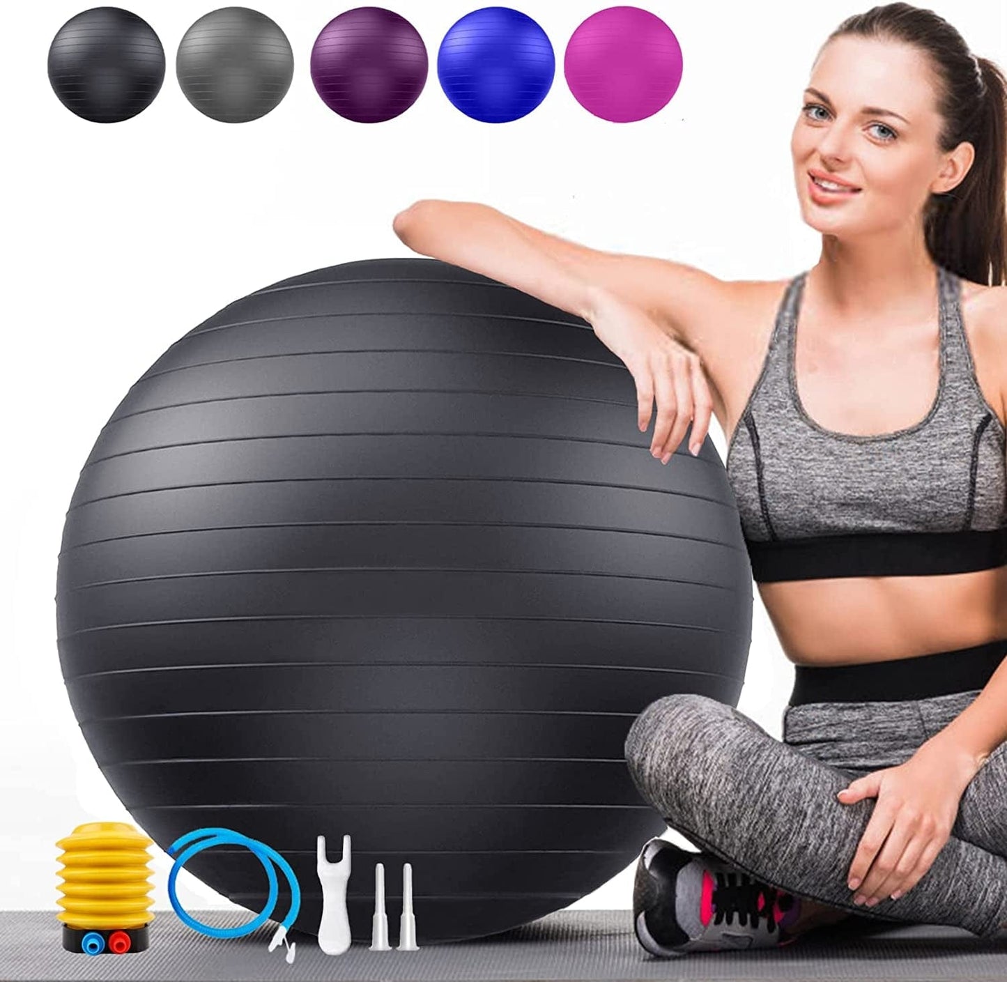 Soft Exercise Ball, Anti-Burst Yoga Ball Chair Supports 2200Lbs, Stability Swiss Ball W/ Pump for Pregnancy Birthing, Excersize, Workout, Fitness, Balance, Gym, Physio, Abs (Office & Home & School)