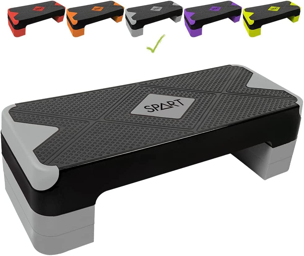 SPART Adjustable Workout Aerobic Stepper, Aerobic Exercise Step Platform with 4 Risers, Exercise Step Deck for Fitness, 3 Levels Adjust 4" - 6" - 8" Height, 26.77" Trainer Stepper with Non-Slip Surface Home Gym & Extra Risers Options