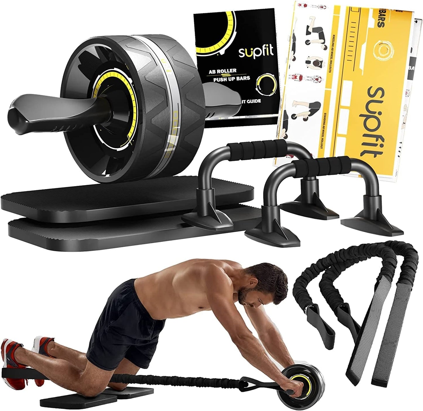 SUPFIT Ab Roller Wheel, 6 in 1 Ab Roller Kit with Knee Pads, Push-Up Bars, Resistance Bands, Workout Poster, Workout Guide, Perfect Home Gym Equipment for Men Women Abdominal Exercise