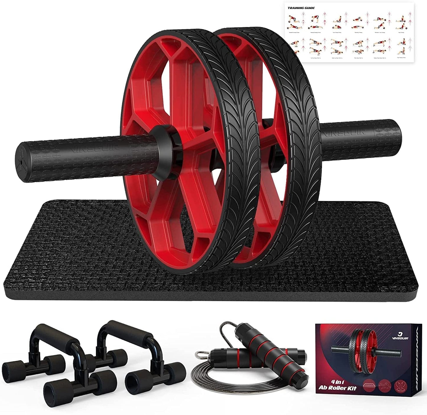 Vinsguir Ab Workout Equipment - Ab Roller Wheel & Push up Bars & Jump Rope & Knee Mat, Exercise Roller Kit for Core Strength Training & Home Workout, Abdominal Roller Machine Exercise Equipment for Men & Women