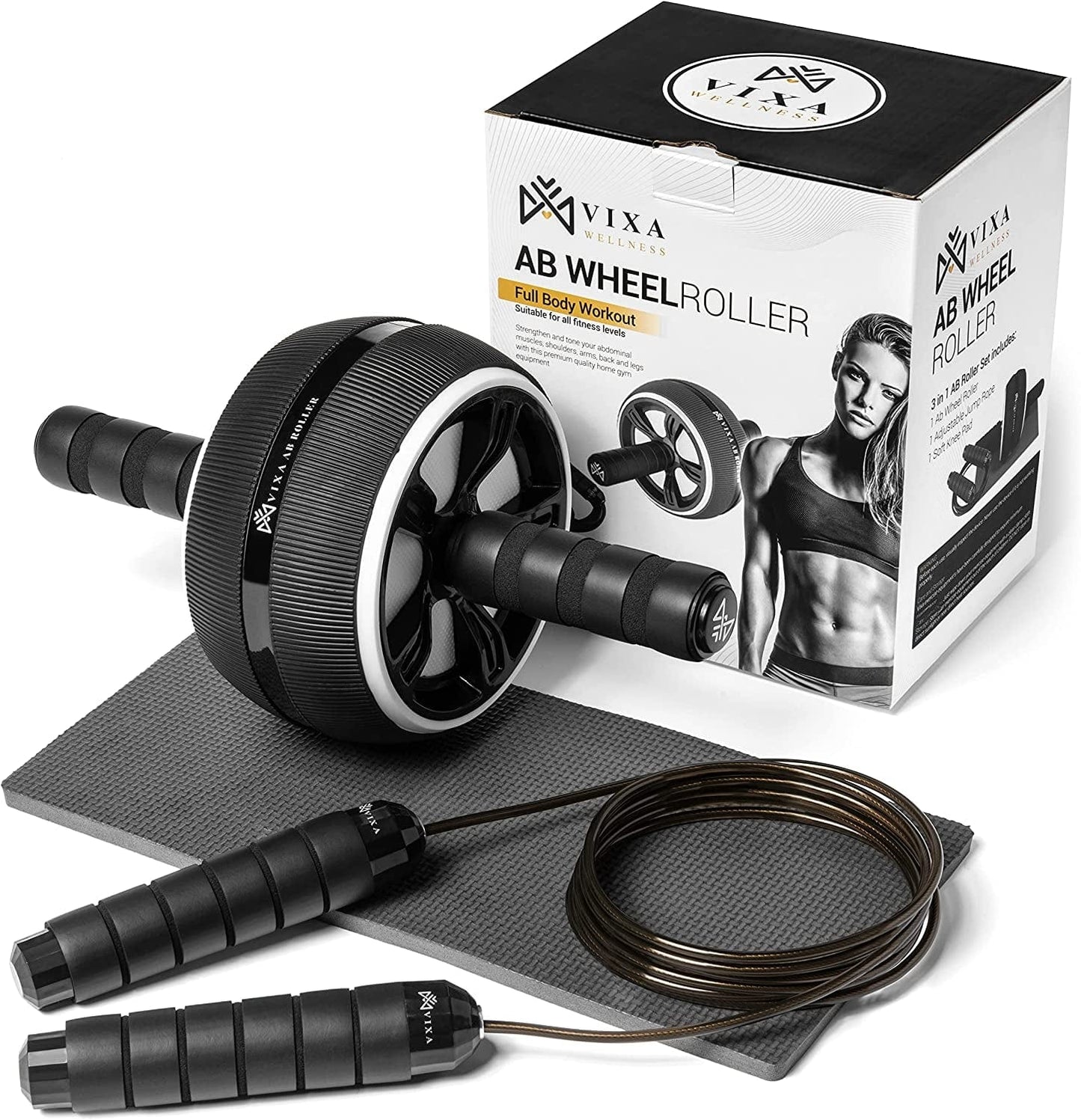 VIXA Ab Roller Wheel 3 in 1 Kit Ab Workout Equipment for Abdominal and Core Strengthening, Ab Machine Home Gym Equipment, Ab Wheel Roller, Jump Rope, Knee Pad with Workout Ebook
