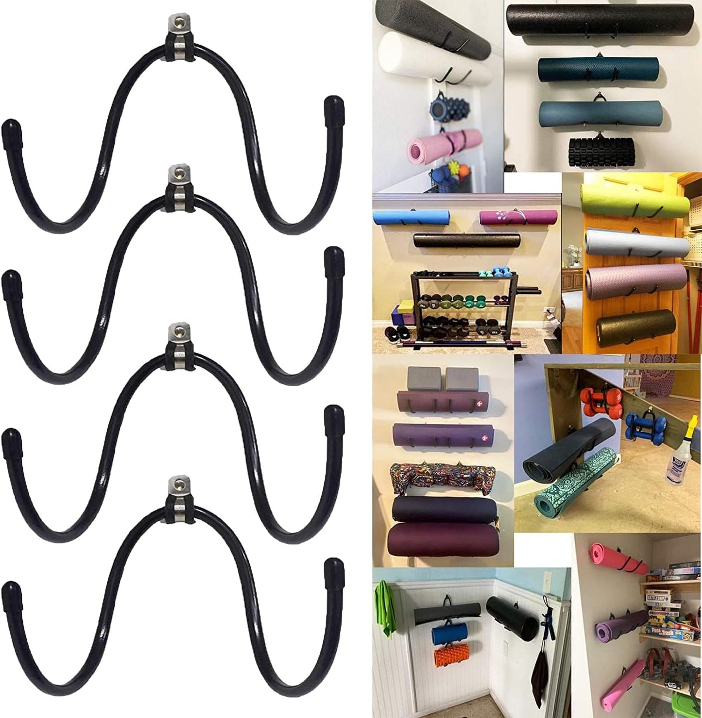 Yoga Mat Foam Rollers Wall Rack Wall Storage Mount Wall Holder Storage Shelf for Foam Rollers and Yoga Mat / Sports Sweat Towel, up to 20Lbs - No Mat - Upgrade - 4/PK