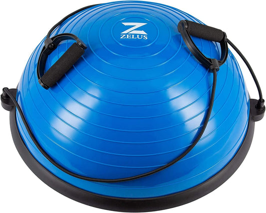 ZELUS Balance Ball Trainer with Resistance Bands and Foot Pump, Inflatable Yoga Ball for Home Gym Workouts, 23 Inch Exercise Half Ball for Balance Training Core Strength Fitness More, 330Lb Cap